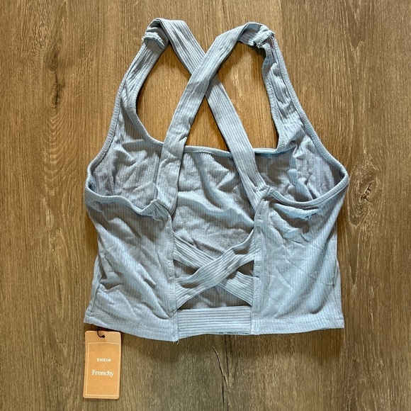 SHEIN Blue Ribbed Crop Top with Cross-Back Design - Picture 2 of 4